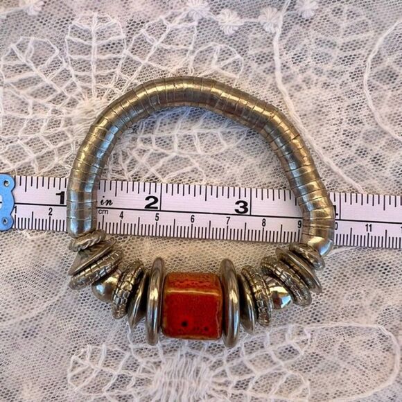 Coil Wrapped Silver Bracelet with Bold Orange Ceramic Pottery Bead Accent - Picture 7 of 9